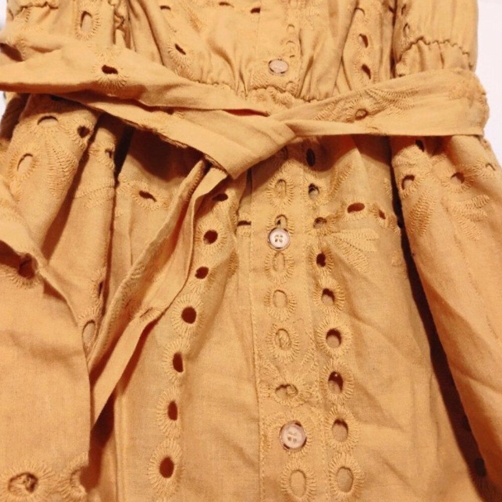 Simplee Dress Mustard Cotton Off Shoulder Ruffle Eyelet Cottage Prairie Peasant - Picture 10 of 14
